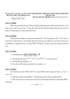 Ðề thi giáo viên dạy giỏi vòng lí thuyết môn thi Toán năm học 2010-2011- Trường THPT Yên Phong Số 2
